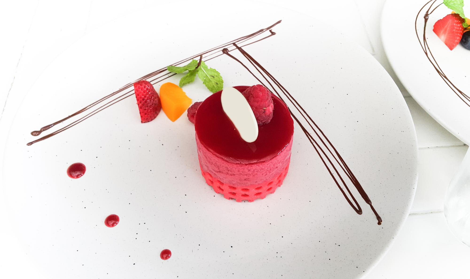 Close-up plated dessert with garnish